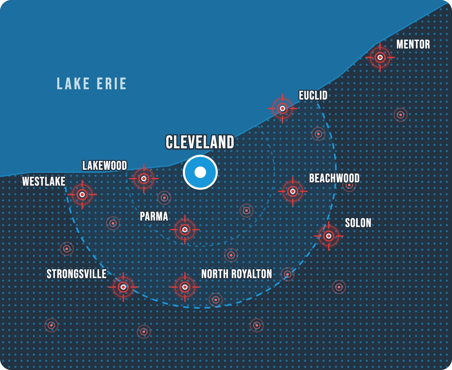 Map of the Cleveland, Ohio area with targeting rings on Lakewood, Parma, Westlake, Solon and nearby suburbs