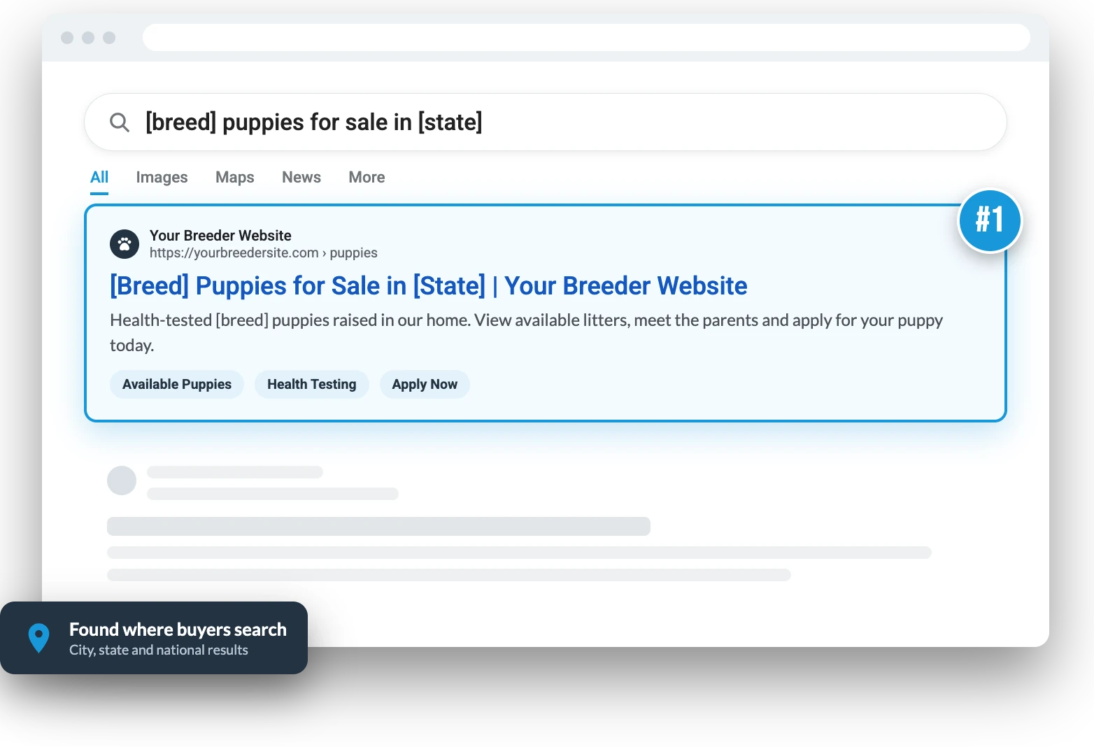 Illustration of a dog breeder website ranking first in search results