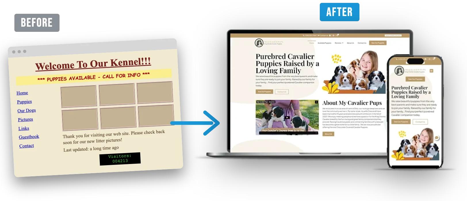 Before and after of a dog breeder website redesign