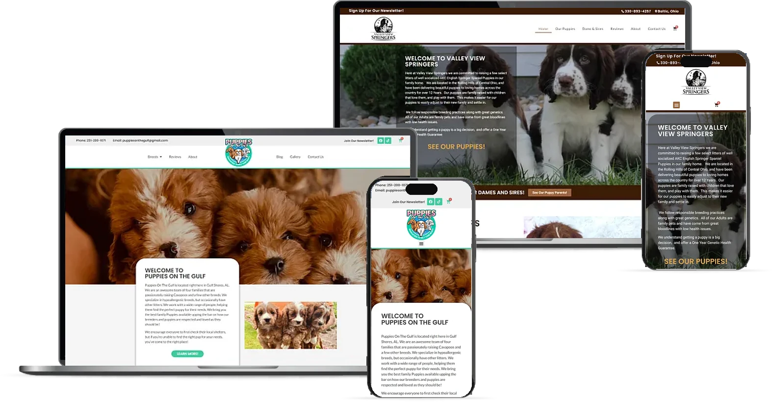 Custom dog breeder websites shown on laptops and phones