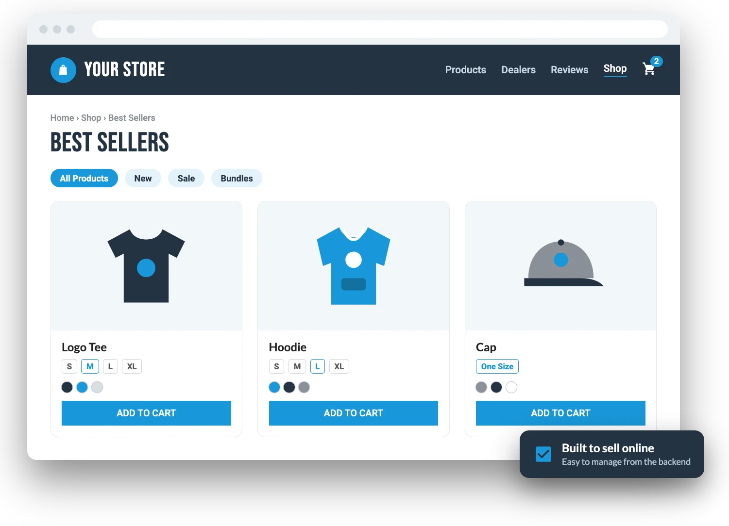 Illustration of a custom online store with product cards and a shopping cart