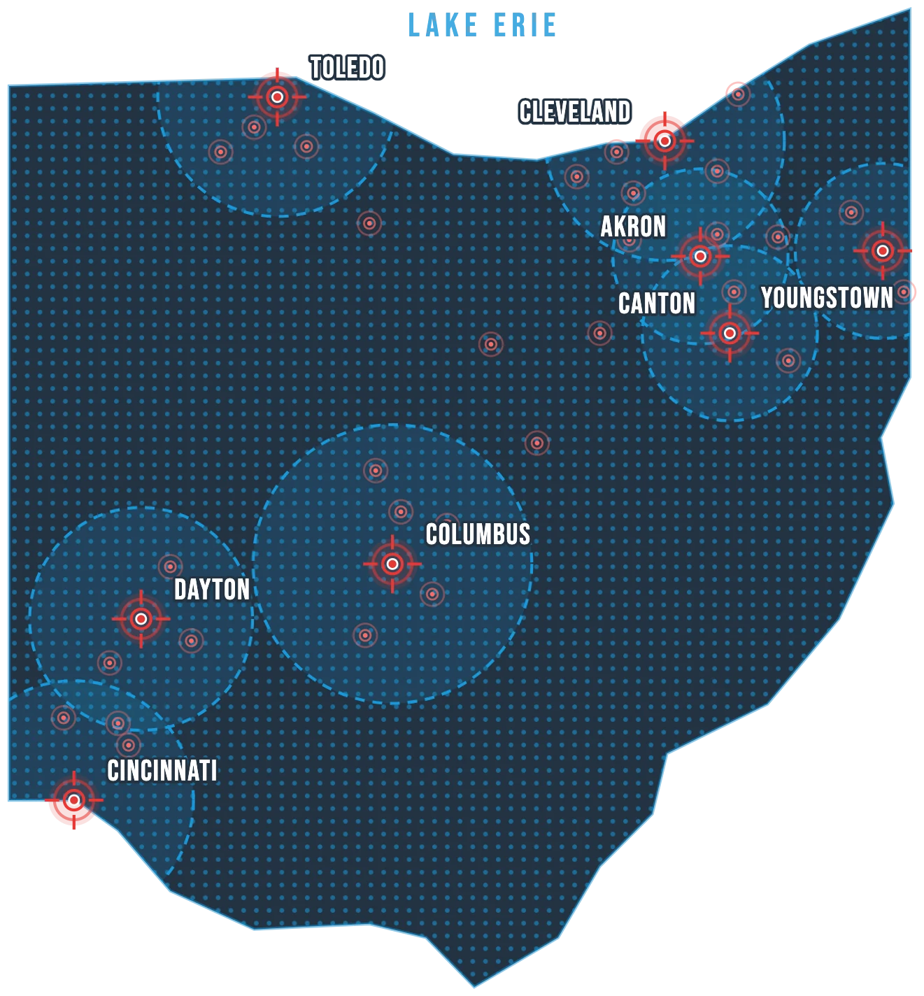 Map of Ohio with service zones around major cities