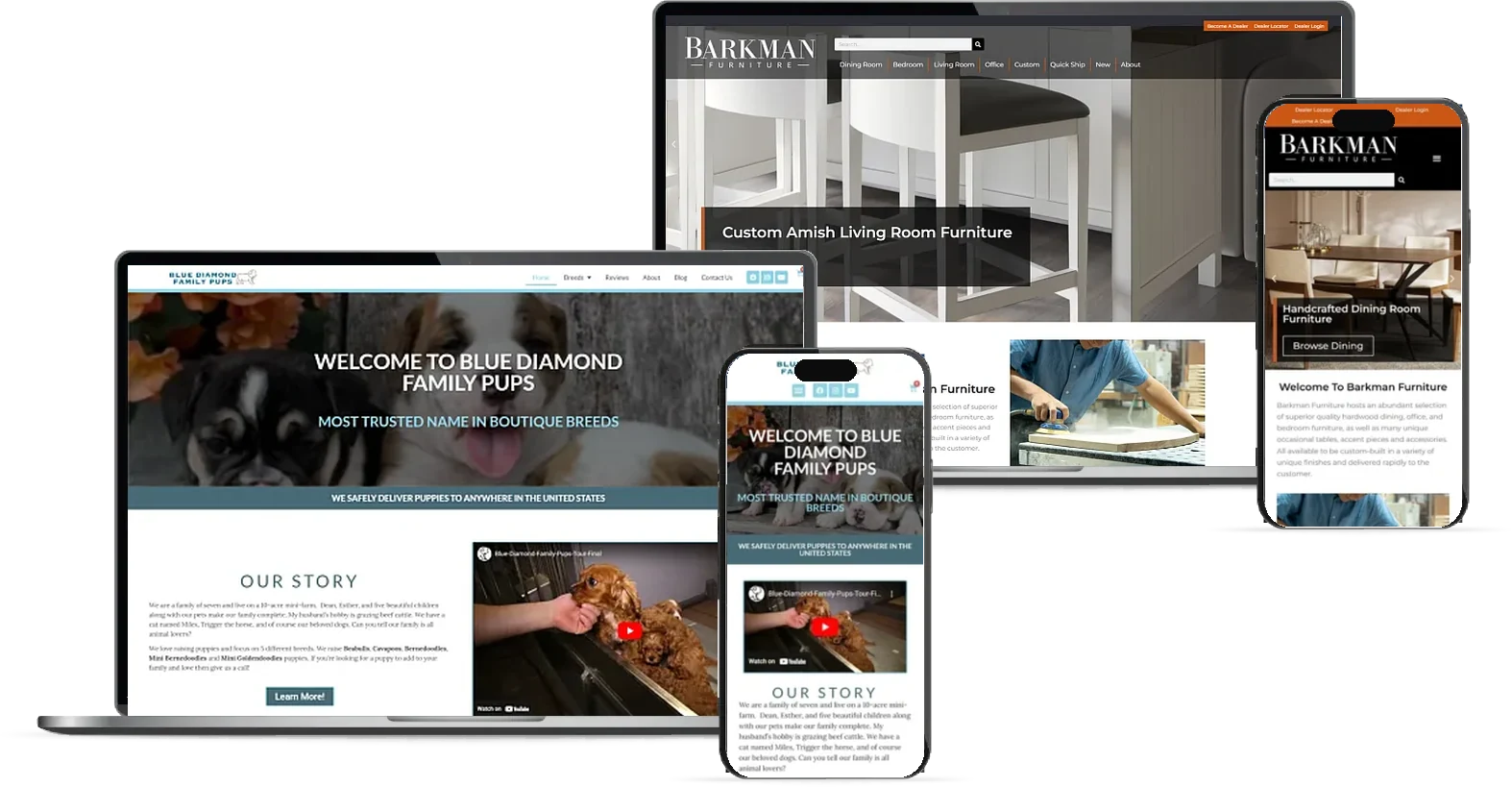 Barkman Furniture and Blue Diamond Family Pups websites shown on laptops and phones