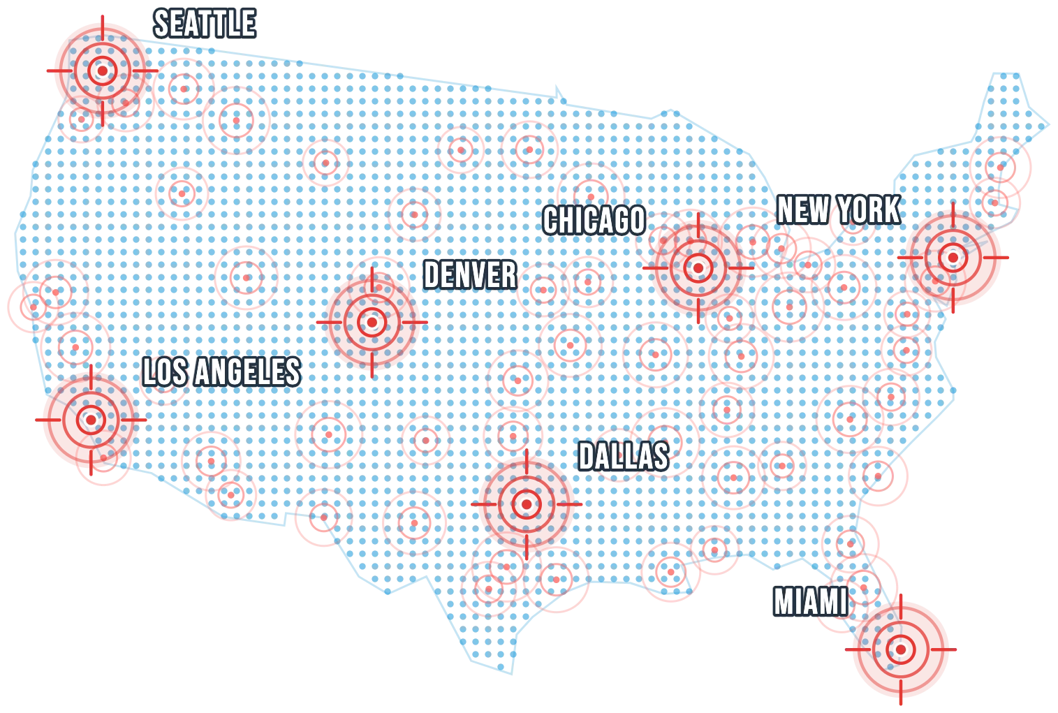 Map of the United States with targeting rings on cities nationwide