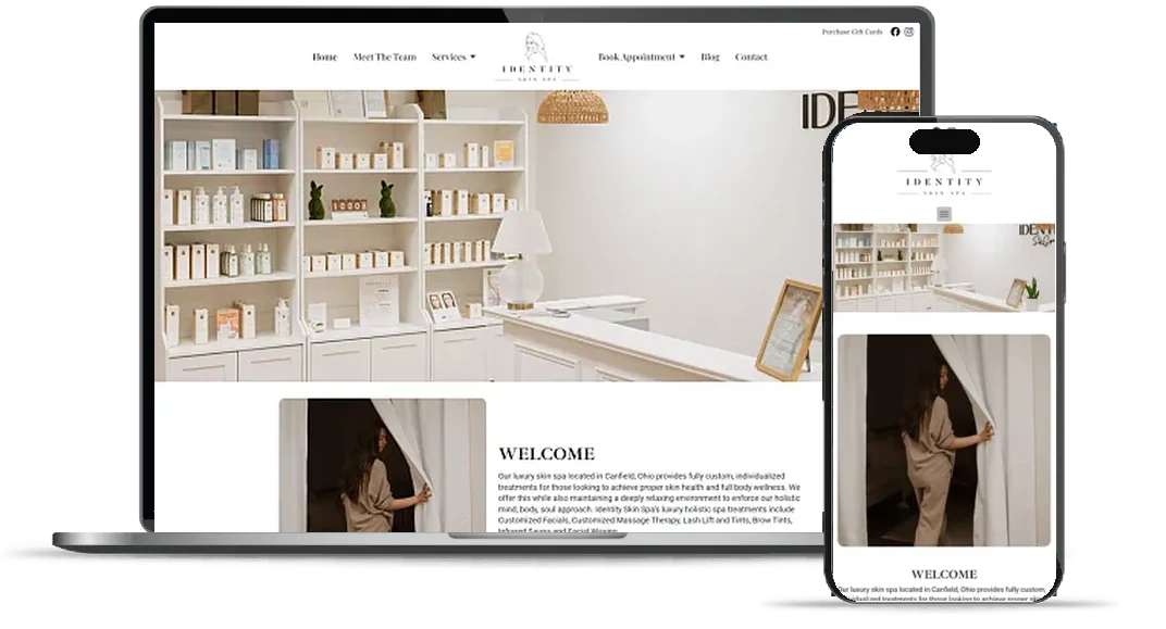 Identity Skin Spa website in Canfield, Ohio shown on a laptop and phone